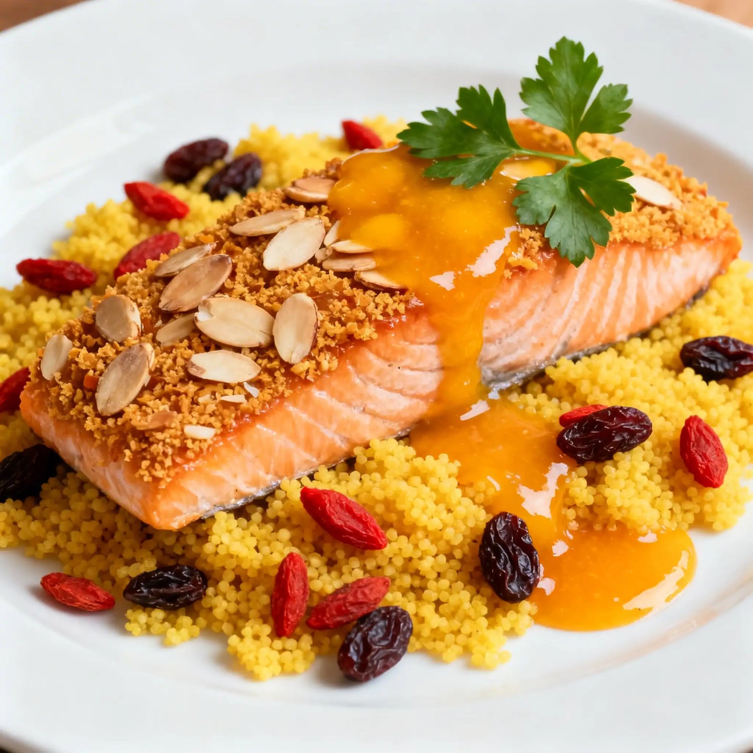 Salmón Crujiente con Costra de Almendra y Cous Cous